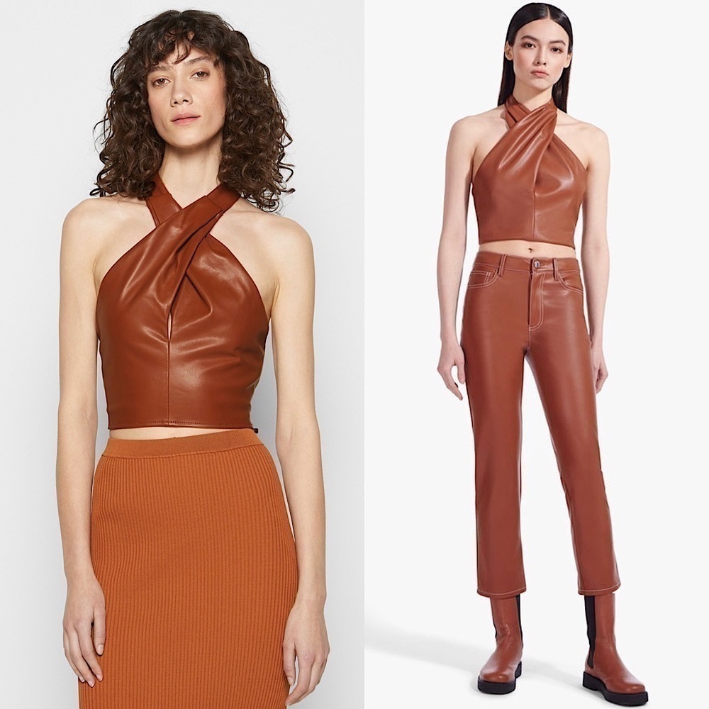 NWT STAUD 70s Vegan Leather Keyhole Twist Front Open Back Halter Tie Crop Top 10